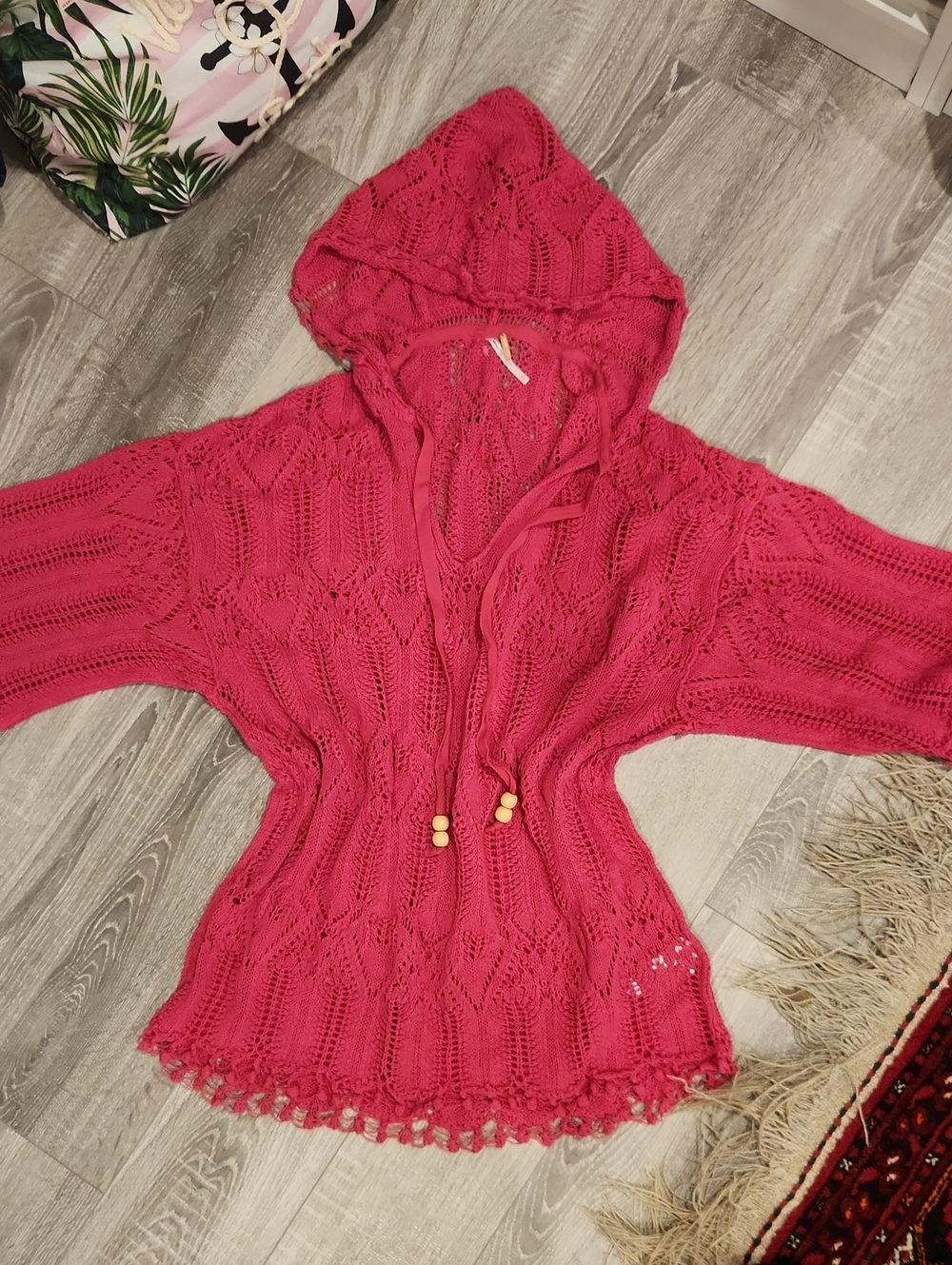 Free People Pink Crochet Hooded Pullover Coverup